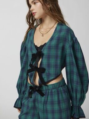 Urban Outfitters Charlotte Green Flannel Pajama set with bows